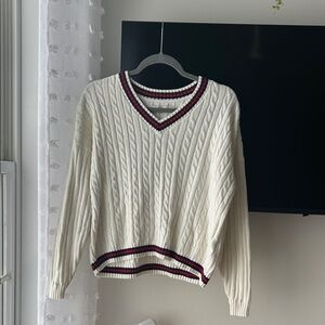 Hollister V-Neck Cable Knit Sweater - Cream and Red